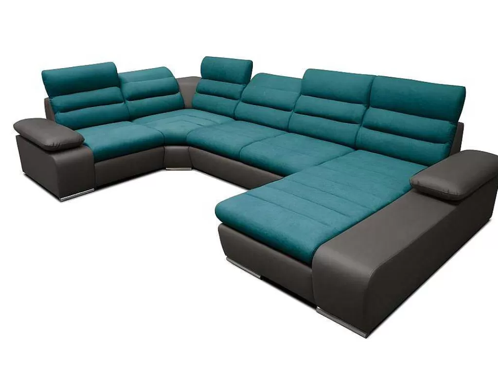 Sofá Panorâmico*Vente-unique Sofá De Canto Panorâmico Modular Em Tecido E Pele Sintética Bicolor Turquesa E Cinzento Escuro - Canto Direito - Boileau