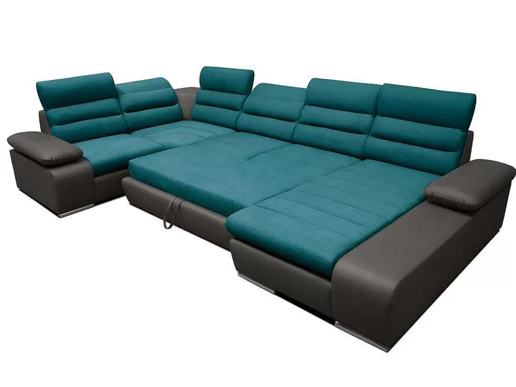 Sofá Panorâmico*Vente-unique Sofá De Canto Panorâmico Modular Em Tecido E Pele Sintética Bicolor Turquesa E Cinzento Escuro - Canto Direito - Boileau