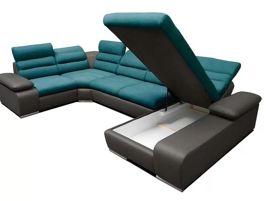 Sofá Panorâmico*Vente-unique Sofá De Canto Panorâmico Modular Em Tecido E Pele Sintética Bicolor Turquesa E Cinzento Escuro - Canto Direito - Boileau