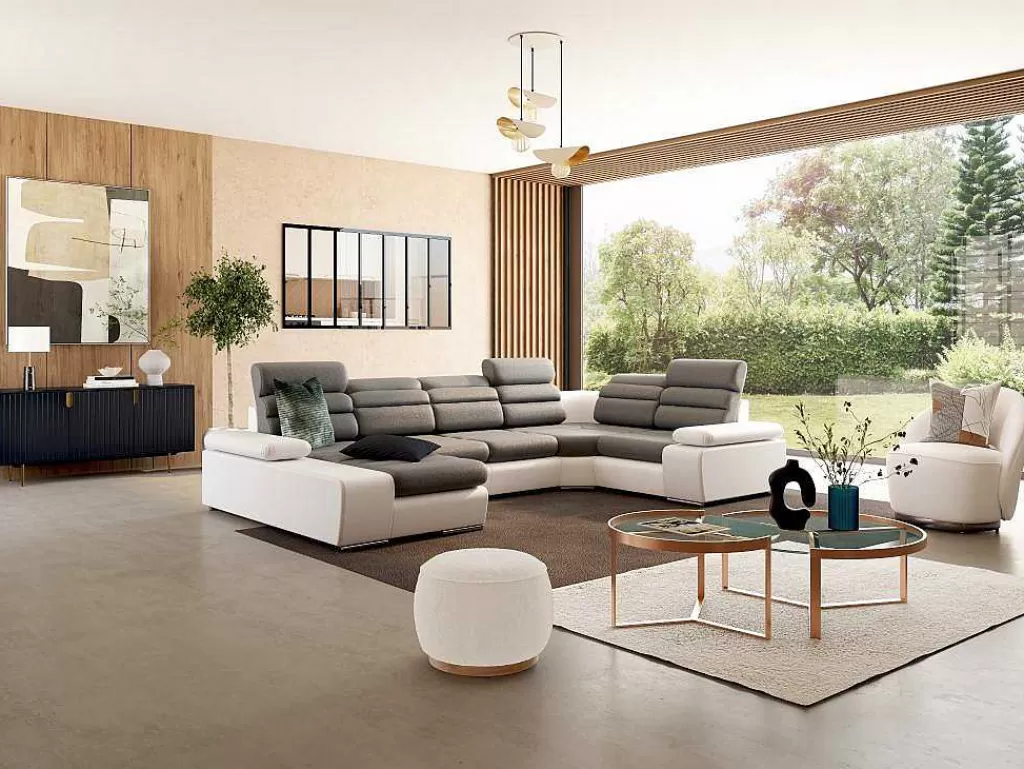Sofá Panorâmico*Vente-unique Sofá De Canto Panorâmico Modular Em Tecido E Pele Sintéticabicolor Cinzento E Branco - Canto Esquerdo - Boileau