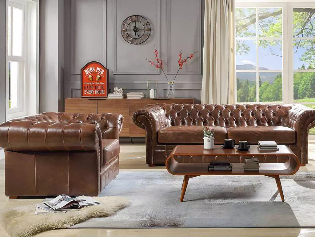 Conjunto Sofá E Poltrona*Vente-unique Sofá E Cadeirão Em Couro Envelhecido Estilo Chesterfield 100% - Clotaire