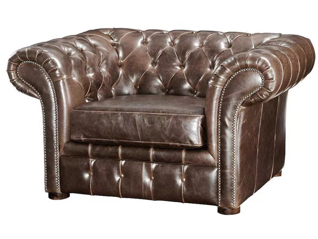 Conjunto Sofá E Poltrona*Vente-unique Sofá E Cadeirão Em Couro Envelhecido Estilo Chesterfield 100% - Clotaire