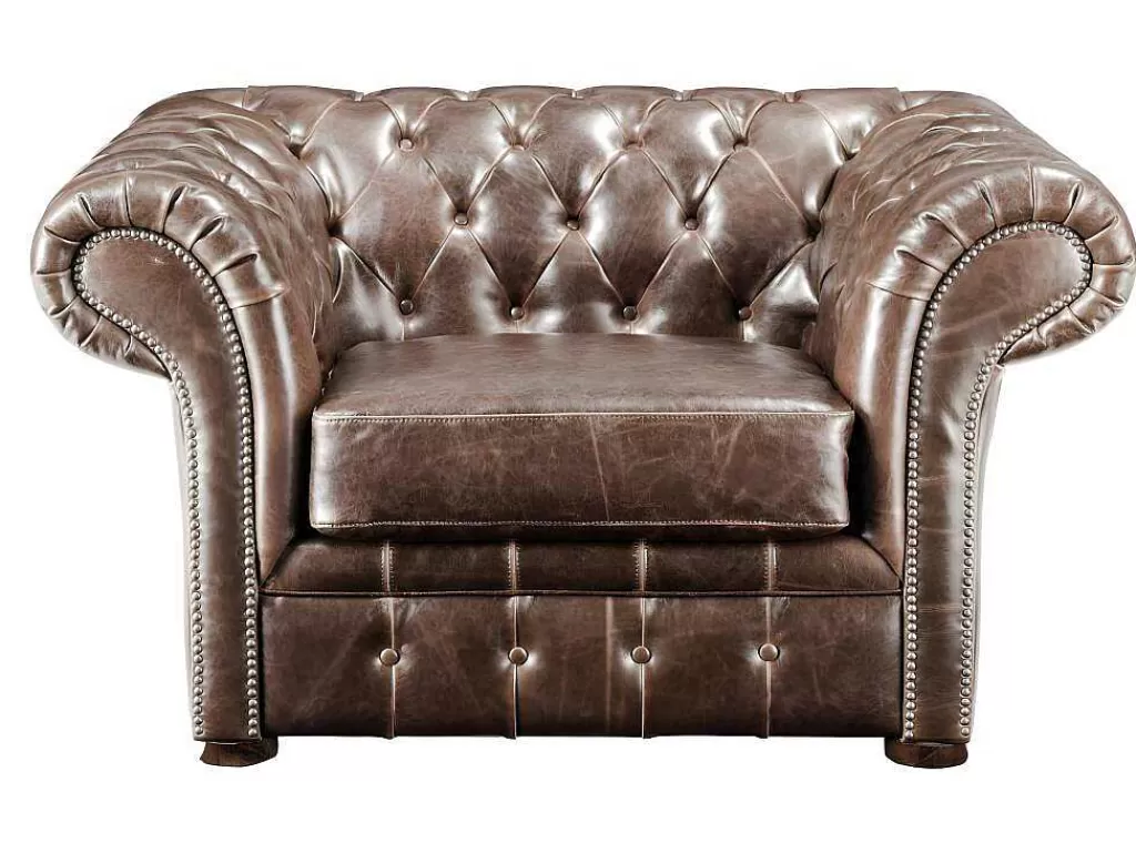 Conjunto Sofá E Poltrona*Vente-unique Sofá E Cadeirão Em Couro Envelhecido Estilo Chesterfield 100% - Clotaire