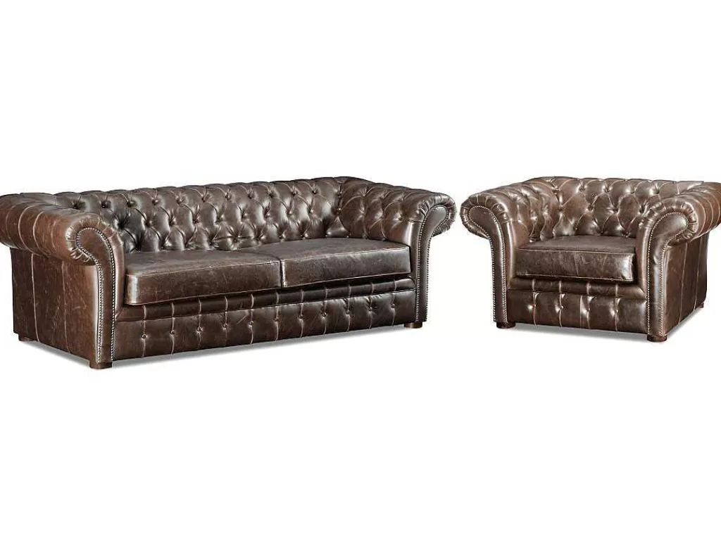 Conjunto Sofá E Poltrona*Vente-unique Sofá E Cadeirão Em Couro Envelhecido Estilo Chesterfield 100% - Clotaire