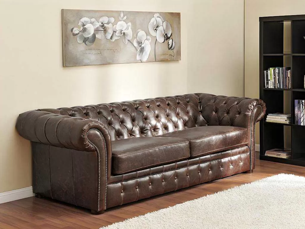 Conjunto Sofá E Poltrona*Vente-unique Sofá E Cadeirão Em Couro Envelhecido Estilo Chesterfield 100% - Clotaire