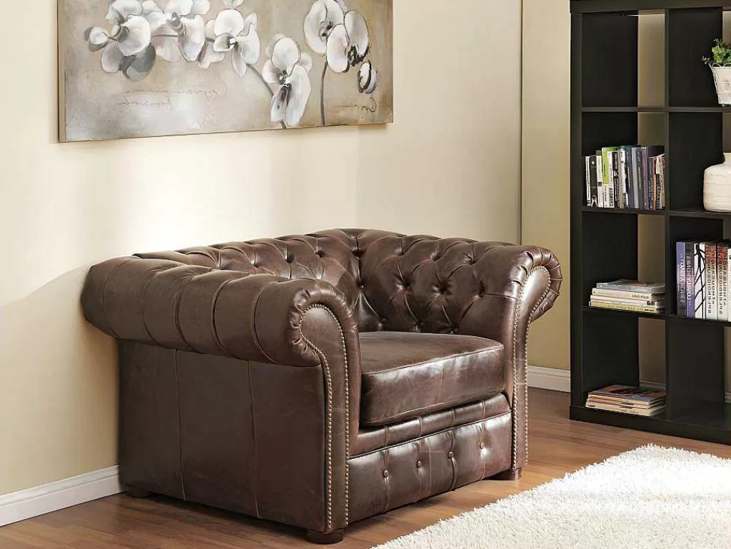 Conjunto Sofá E Poltrona*Vente-unique Sofá E Cadeirão Em Couro Envelhecido Estilo Chesterfield 100% - Clotaire