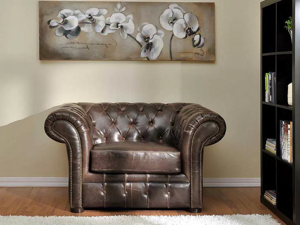 Conjunto Sofá E Poltrona*Vente-unique Sofá E Cadeirão Em Couro Envelhecido Estilo Chesterfield 100% - Clotaire