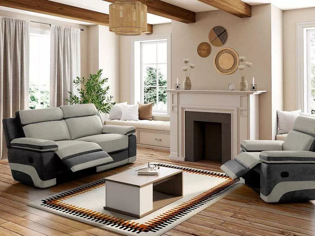 Conjunto Sofá E Poltrona*Vente-unique Sofá E Cadeirão Relax Em Microfibra Talca - Cinza Claro E Antracite