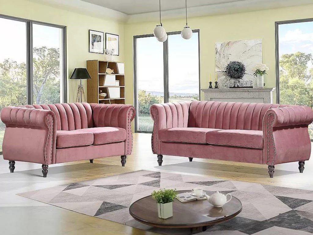 Conjunto De Sofá*Vente-unique Sofás Chesterfield 3 Lugares E 2 Lugares Veludo Cor-De-Rosa Vintage - Trumbo