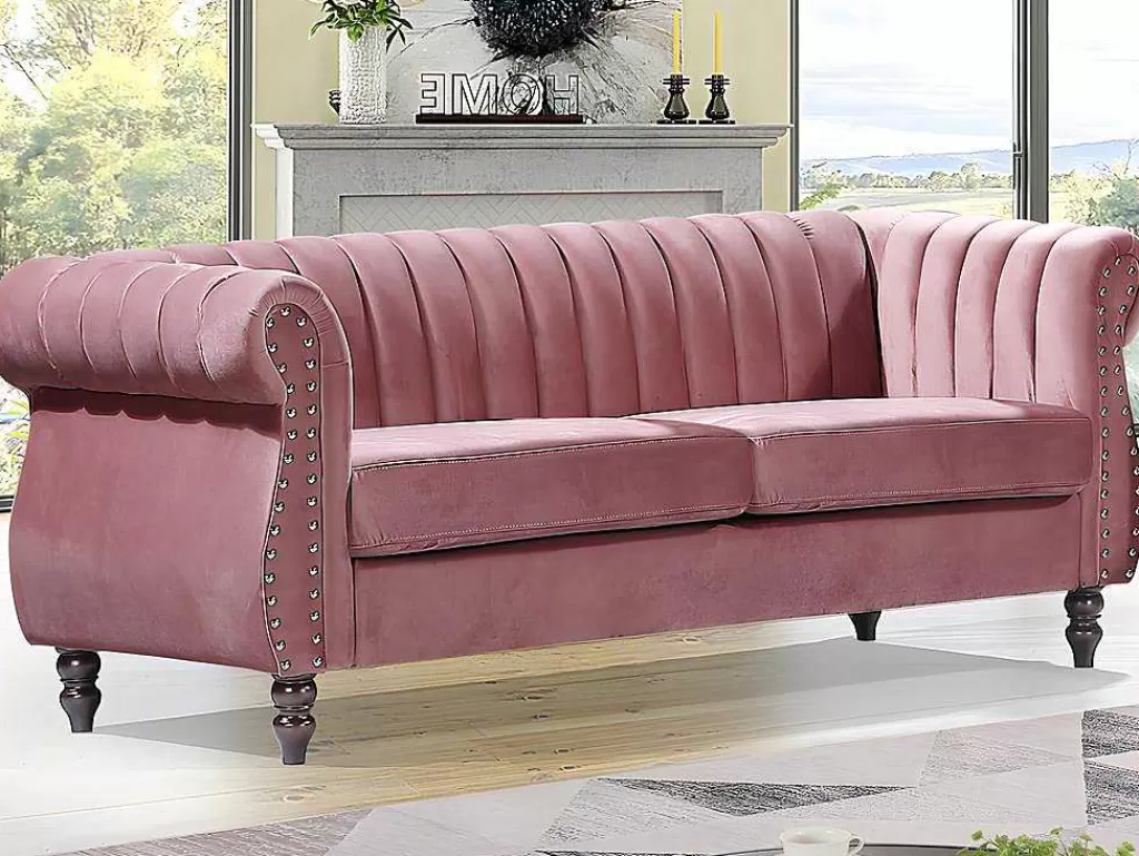 Conjunto De Sofá*Vente-unique Sofás Chesterfield 3 Lugares E 2 Lugares Veludo Cor-De-Rosa Vintage - Trumbo