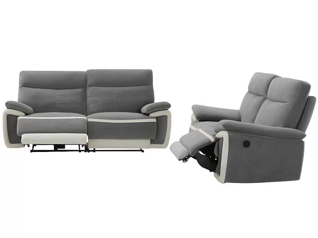 Conjunto De Sofá*Vente-unique Sofás De 3+2 Lugares Articulados Eletricos Em Veludo - Cinza E Faixas Branco Cru - Metti