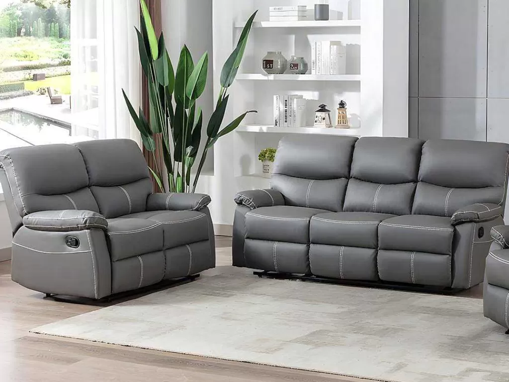 Conjunto De Sofá*Vente-unique Sofás De 3+2 Lugares Articulados Em Pele Sintética Cinza - Canby