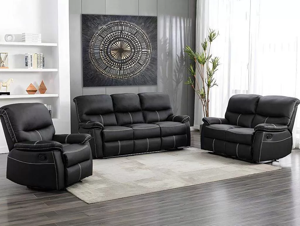 Conjunto Sofá E Poltrona*Vente-unique Sofás De 3 + 2 Lugares E Poltrona Articulados Em Pele Sintética Cor Preto - Canby