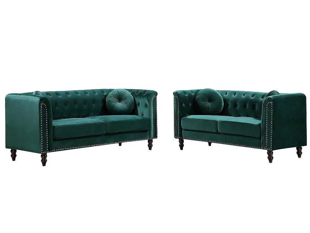 Conjunto De Sofá*Vente-unique Sofás De 3 E De 2 Lugares Em Veludo Verde-Esmeralda - Turner