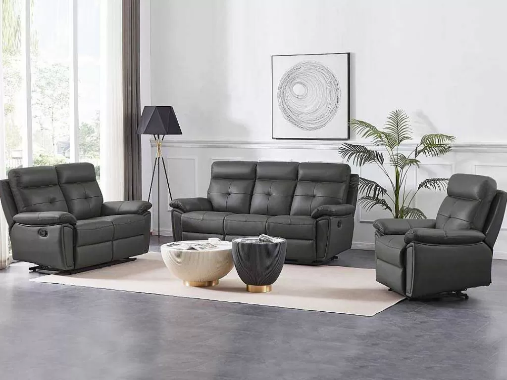 Conjunto De Sofá*Vente-unique Sofás De 3 Lugares E De 2 Lugares Articulados Em Pele Cinzento - Vineta