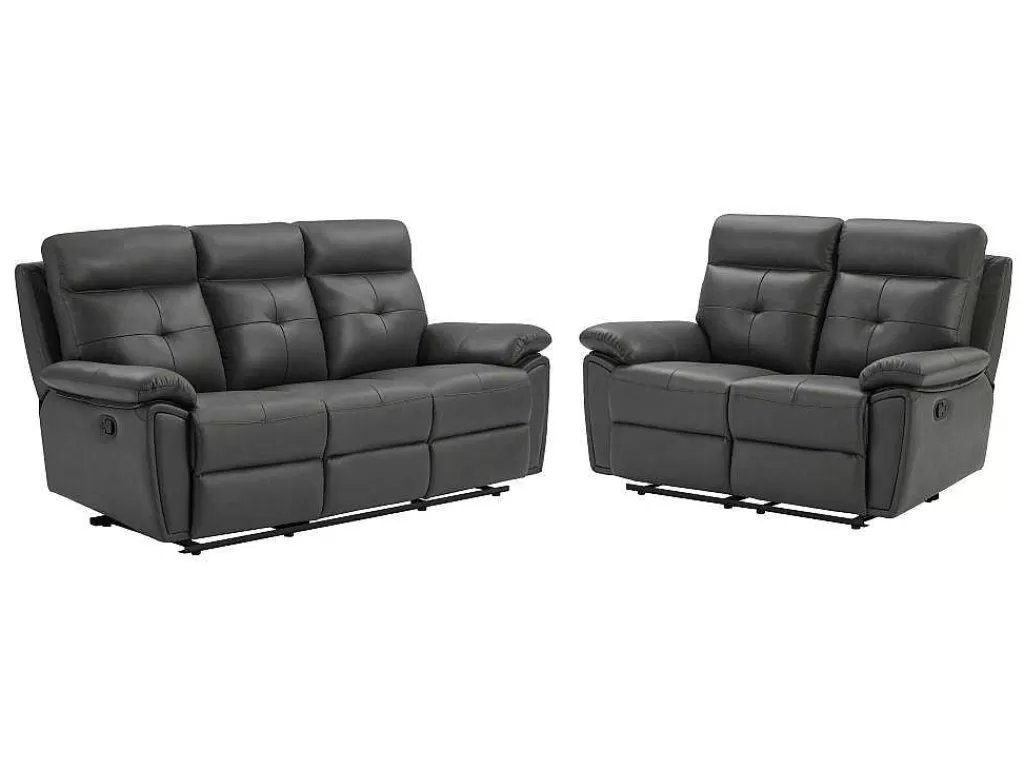 Conjunto De Sofá*Vente-unique Sofás De 3 Lugares E De 2 Lugares Articulados Em Pele Cinzento - Vineta