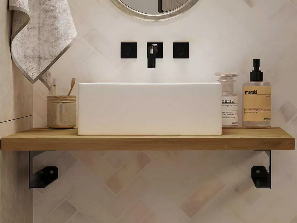 Móvel De Parede Para Casa De Banho*Vente-unique Suporte Suspenso Em Teca Clara Com Esquadros De Fixacao Brancos De 80 X 50 Cm - Sukawati