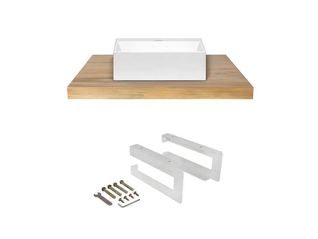 Móvel De Parede Para Casa De Banho*Vente-unique Suporte Suspenso Em Teca Clara Com Esquadros De Fixacao Brancos E Lavatório De 80 X 50 Cm - Sukawati