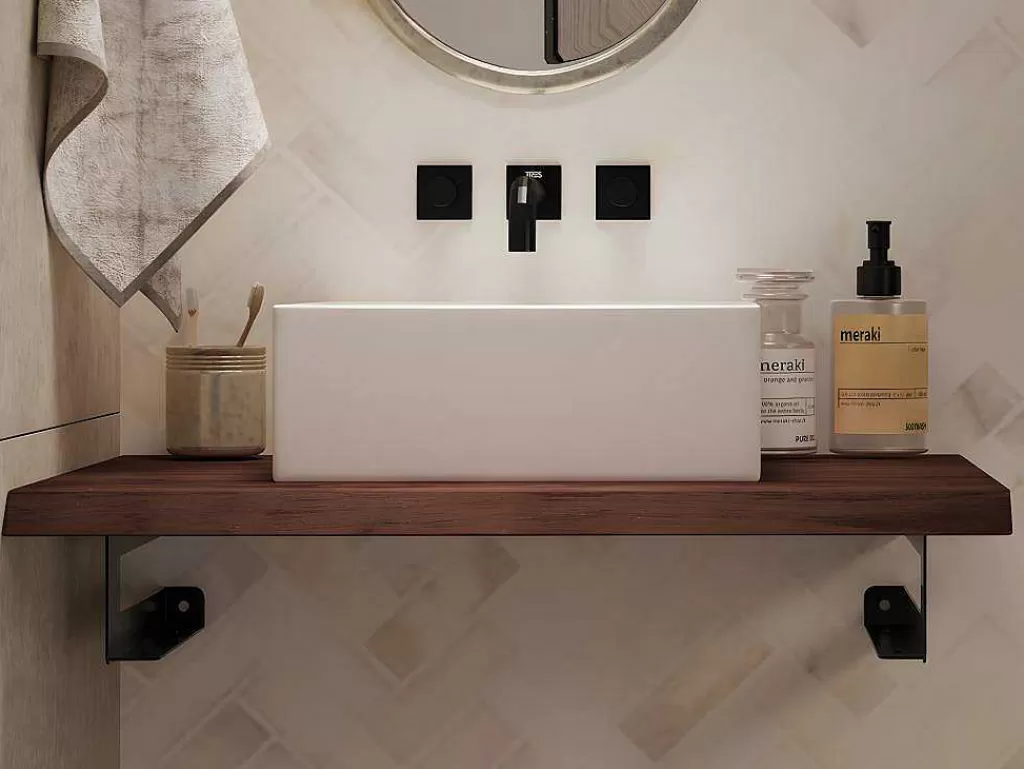 Móvel De Parede Para Casa De Banho*Vente-unique Suporte Suspenso Em Teca Escura Com Esquadros De Fixacao Pretos E Lavatório De 80 X 50 Cm - Sukawati