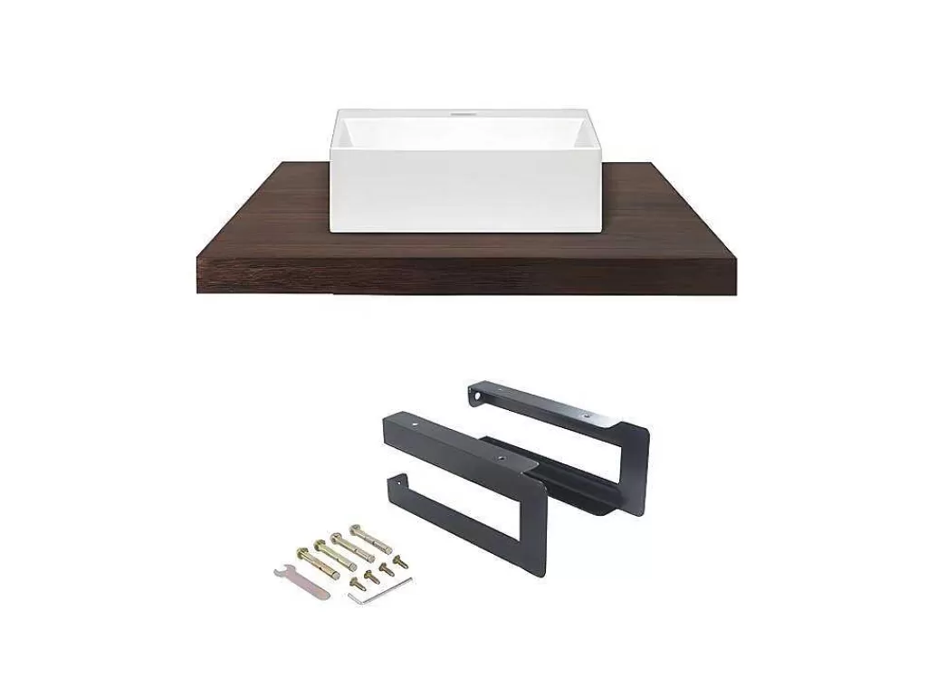 Móvel De Parede Para Casa De Banho*Vente-unique Suporte Suspenso Em Teca Escura Com Esquadros De Fixacao Pretos E Lavatório De 80 X 50 Cm - Sukawati