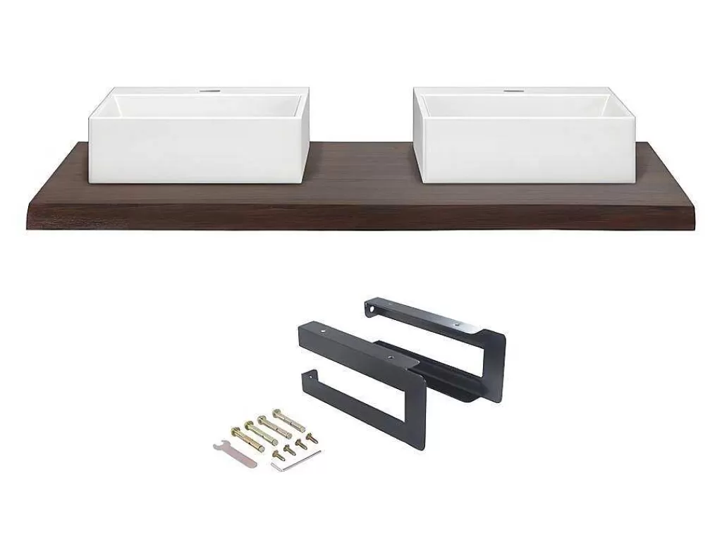 Móvel De Parede Para Casa De Banho*Vente-unique Suporte Suspenso Em Teca Escura Com Esquadros De Fixacao Pretos E Lavatório Duplo De 120 X 50 Cm - Sukawati