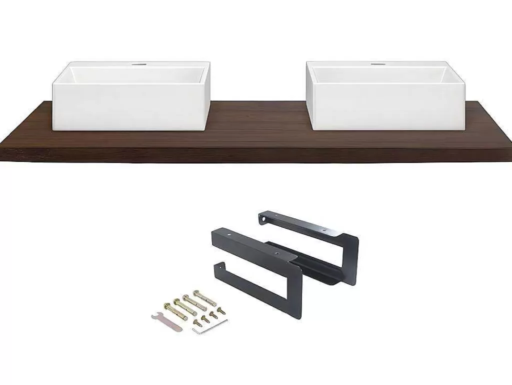 Móvel De Parede Para Casa De Banho*Vente-unique Suporte Suspenso Em Teca Escura Com Esquadros De Fixacao Pretos E Lavatório Duplo De 150 X 50 Cm - Sukawati