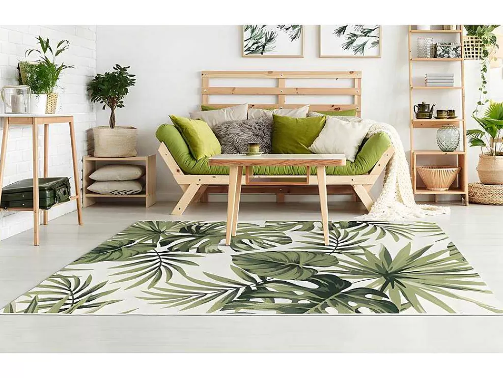 Decoração De Jardim*OZAIA Tapete De Interior Ou Exterior Etnico Motivos Folhas De 200 X 290 Cm Cor Verde - Palmo