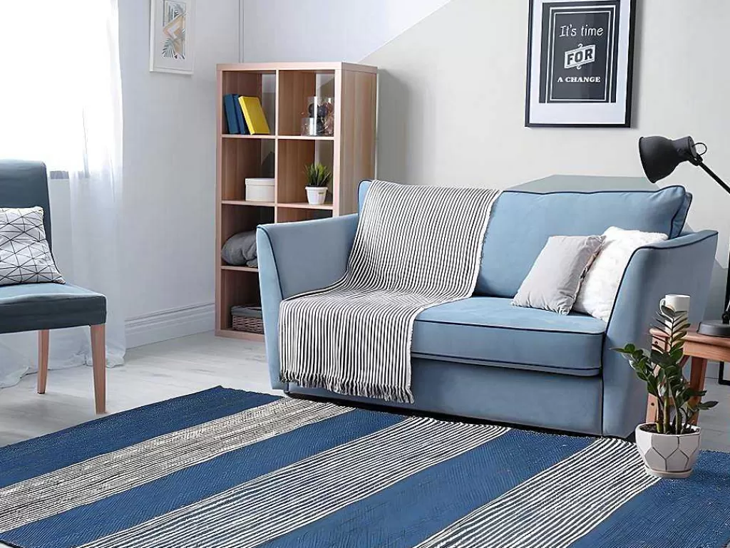 Tapete De Sala*OZAIA Tapete Em Juta Tecida A Mão De 200 X 290 Cm Cor Azul-Marinho E Branco - Kochi