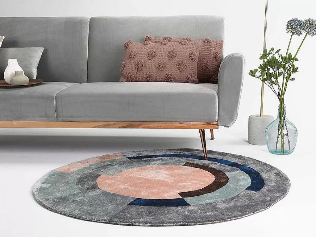 Tapete De Sala*OZAIA Tapete Em Viscose Tufado Redondo E Motivos Geometricos De 4000 G/M E D. 120 Cm Cor Cinza E Péssego - Janjivy