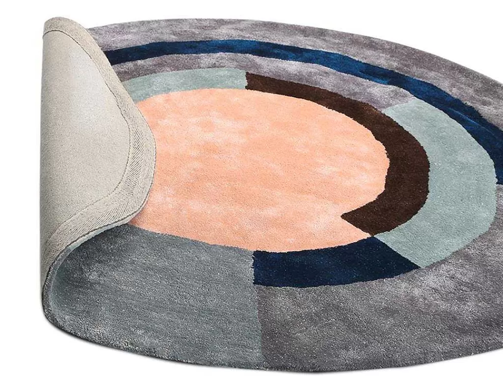 Tapete De Sala*OZAIA Tapete Em Viscose Tufado Redondo E Motivos Geometricos De 4000 G/M E D. 120 Cm Cor Cinza E Péssego - Janjivy