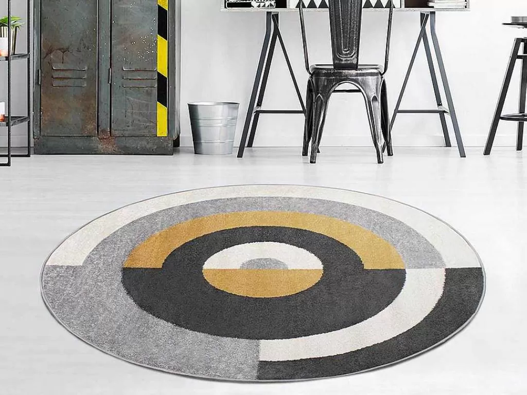 Tapete De Sala*OZAIA Tapete Redondo Estilo Design Motivos Geometricos De D. 160 Cm Cor Cinza E Ocre - Alborg