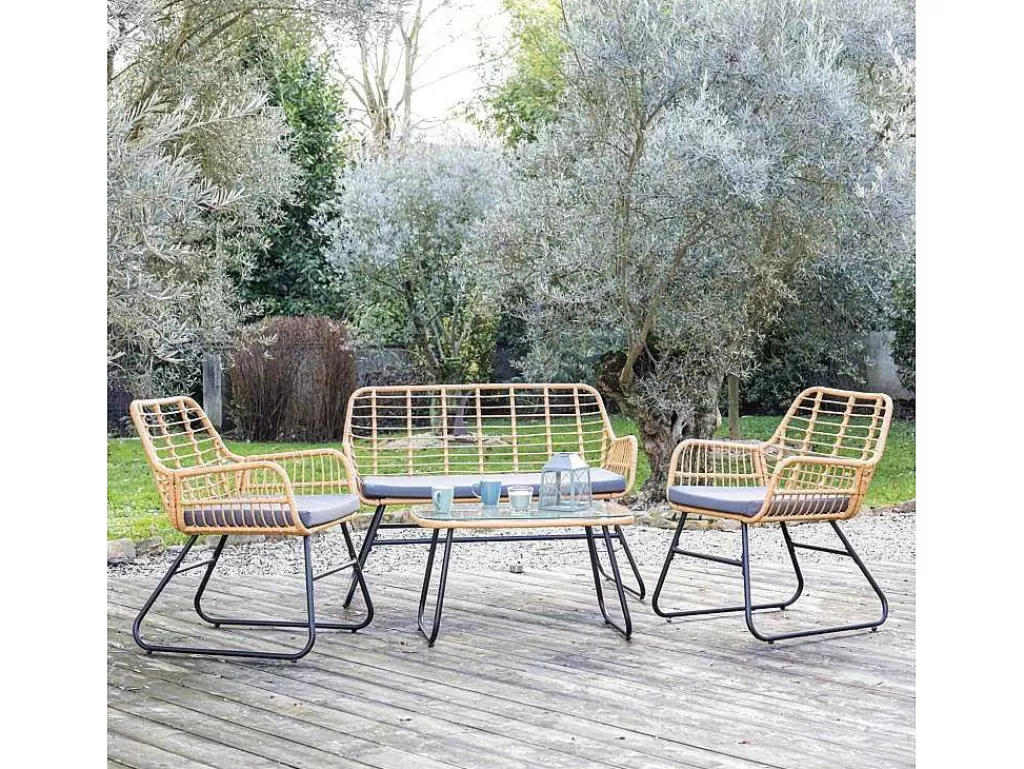 Conjunto Relax De Jardim*Happy Garden Tiga Mobiliário De Jardim Conjunto Em Resina Tecida 4 Assentos - Almofadas Cinzentas