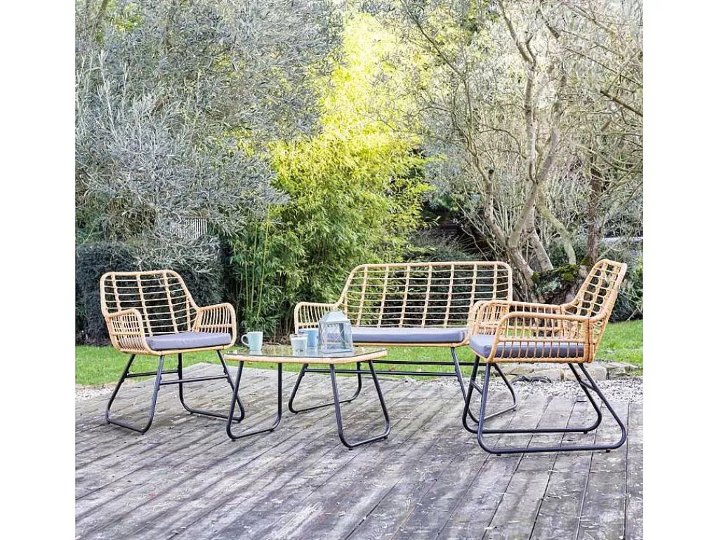 Conjunto Relax De Jardim*Happy Garden Tiga Mobiliário De Jardim Conjunto Em Resina Tecida 4 Assentos - Almofadas Cinzentas