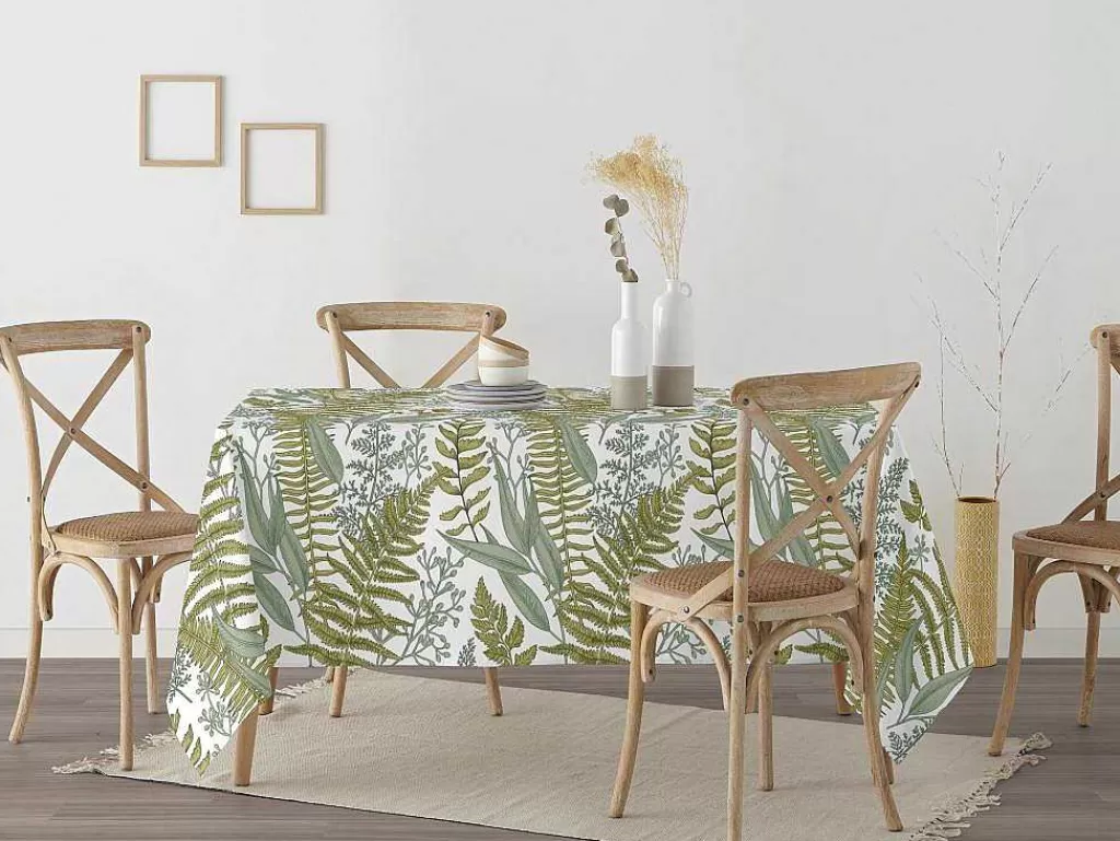 Têxteis De Mesa*Purline Toalha De Mesa Resistente As Manchas 100% Algodao Motivos Vegetais Em Tons De Verde