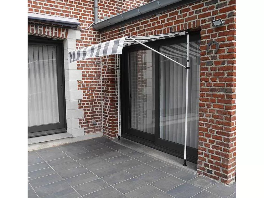 Toldo E Persiana De Exterior*Happy Garden Toldo De Varanda Chene 2 1,2M - Tecido Listrado Branco/Cinzento E Moldura Branca