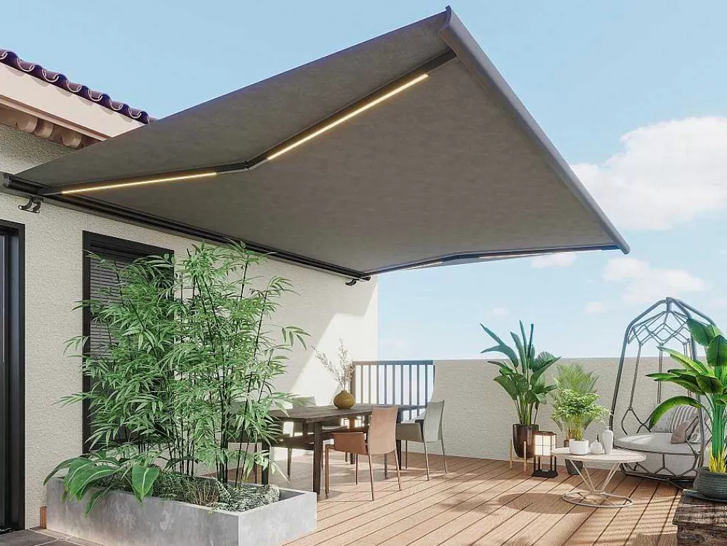 Toldo E Persiana De Exterior*Vente-unique Toldo Retratil Motorizado Com Leds E Caixa Integral 4 X 3,5 M, Lona Acrilico Antracite - Galaxa