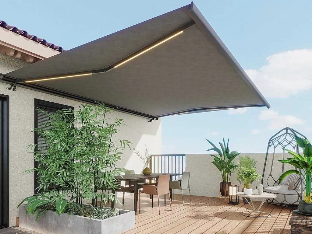 Toldo E Persiana De Exterior*Vente-unique Toldo Retratil Motorizado Com Leds E Caixa Integral 5 X 3,5 M, Lona Acrilico Antracite - Galaxa