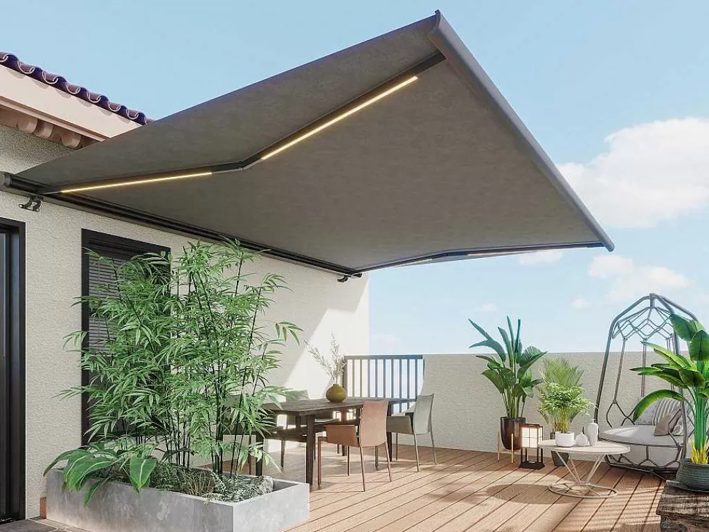 Toldo E Persiana De Exterior*Vente-unique Toldo Retratil Motorizado Com Leds E Caixa Integral 6 X 3,5 M, Lona Acrilico Antracite - Galaxa