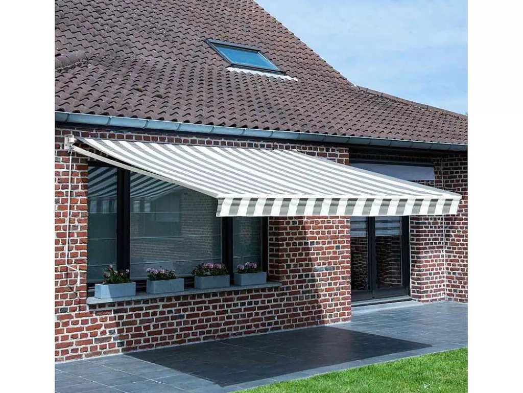 Toldo E Persiana De Exterior*Happy Garden Toldo Saule 2,95 2,5M - Tecido Listrado Branco/Cinzento E Estrutura Branca
