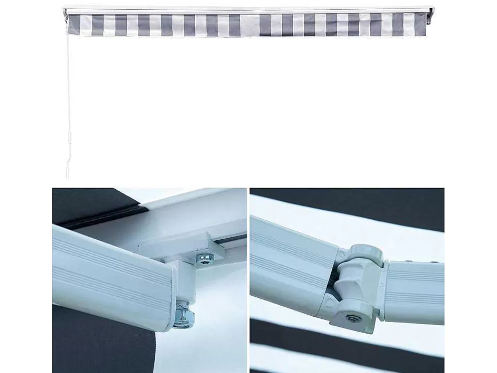 Toldo E Persiana De Exterior*Happy Garden Toldo Saule 3,5 3M Com Semi-Canopy - Tecido Branco/Cinzento Riscado E Estrutura Branca