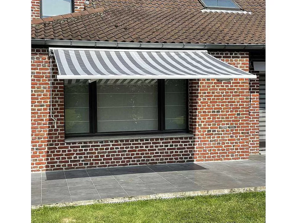 Toldo E Persiana De Exterior*Happy Garden Toldo Saule 3,5 3M Com Semi-Canopy - Tecido Branco/Cinzento Riscado E Estrutura Branca