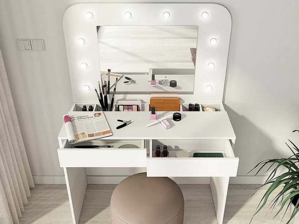Toucador*Vente-unique Toucador Com Espelho, Leds E Espacos De Arrumação Cor Branco - Josephine
