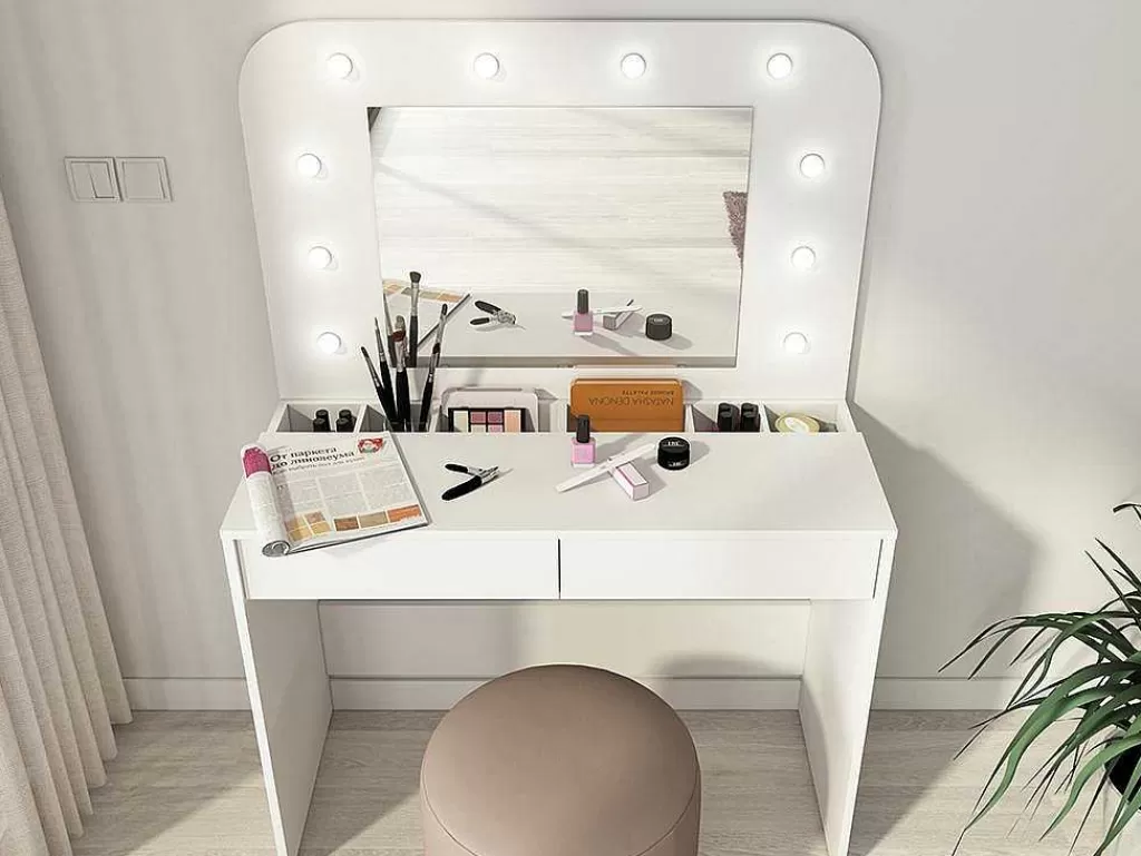 Toucador*Vente-unique Toucador Com Espelho, Leds E Espacos De Arrumação Cor Branco - Josephine