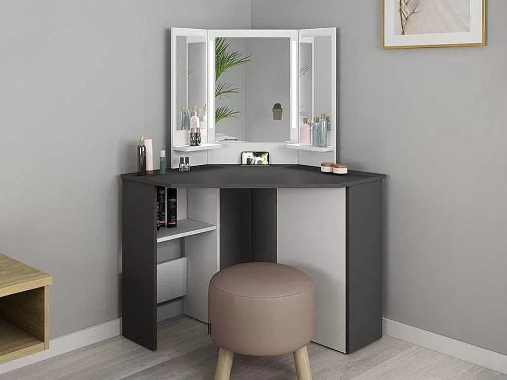 Toucador*Vente-unique Toucador De Canto - Espelho Com Leds E Arrumação - Branco E Cinza - Charlene