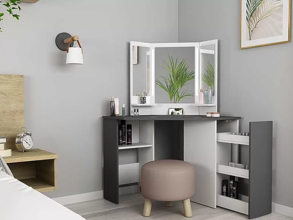Toucador*Vente-unique Toucador De Canto - Espelho Com Leds E Arrumação - Branco E Cinza - Charlene