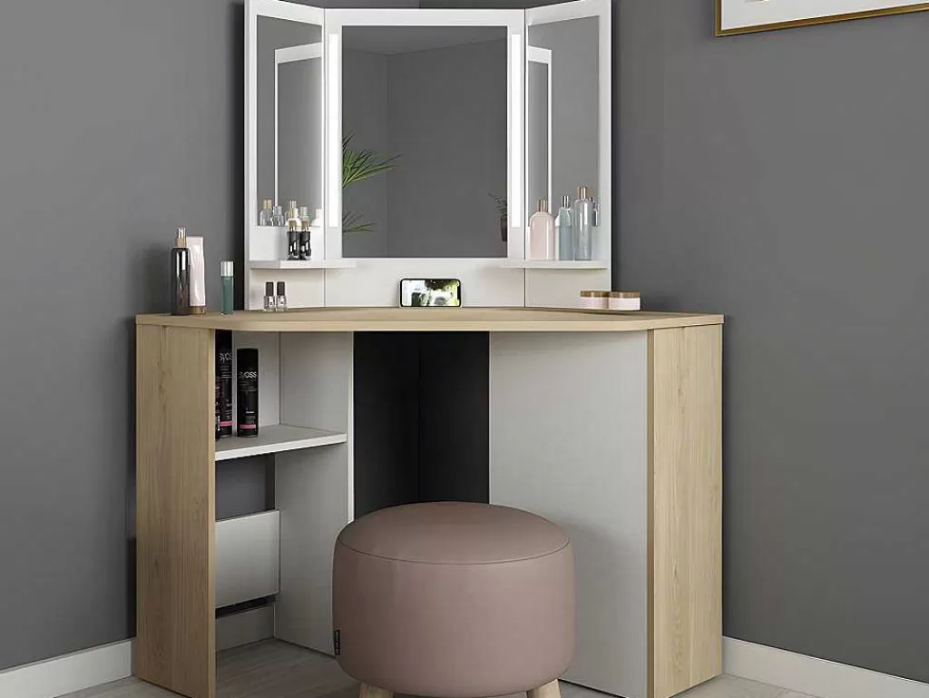 Toucador*Vente-unique Toucador De Canto - Espelho Com Leds E Arrumação - Branco E Cinza - Charlene