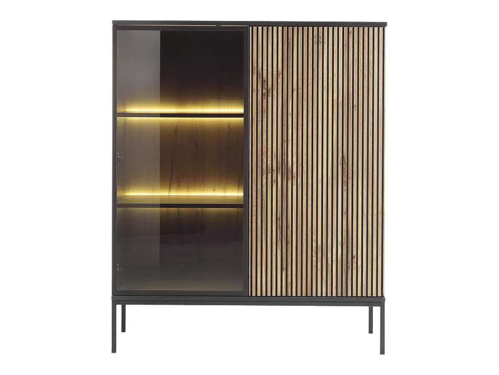 Biblioteca, Vitrina, Estante*Vente-unique Vitrina 2 Portas Com Leds Mdf E Vidro Fumado Preto E Natural - Ovila