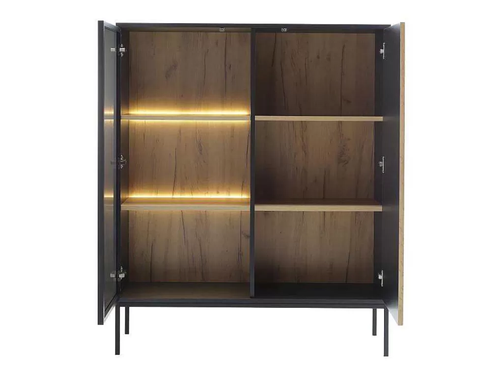 Biblioteca, Vitrina, Estante*Vente-unique Vitrina 2 Portas Com Leds Mdf E Vidro Fumado Preto E Natural - Ovila