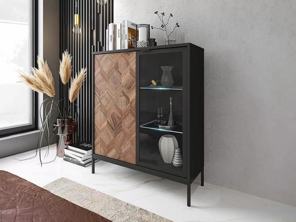 Biblioteca, Vitrina, Estante*Vente-unique Vitrina 2 Portas Com Leds Preto E Natural Escuro - Mialine