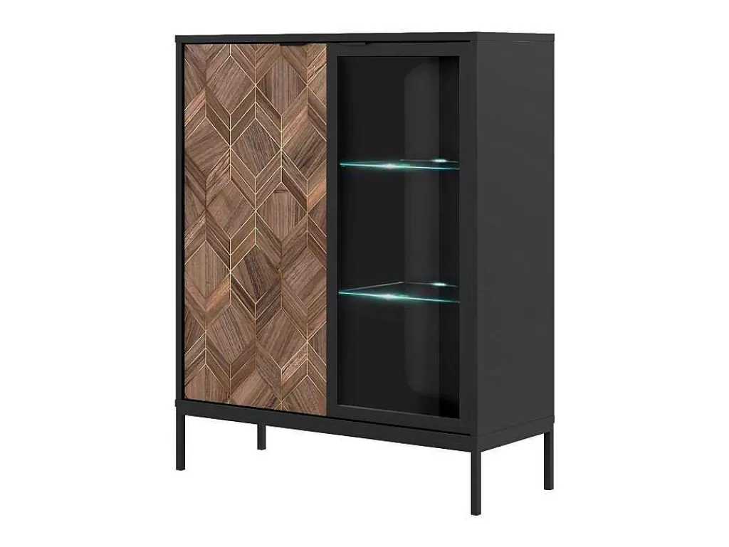 Biblioteca, Vitrina, Estante*Vente-unique Vitrina 2 Portas Com Leds Preto E Natural Escuro - Mialine